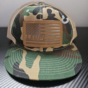 NWOT Leupold Optics Leather Flag Truckers Snap-Back Bottomland Camoflauge Hat